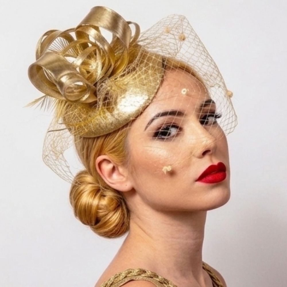 Gold Gorgeous 3PC Veiled Fascinator Kentucky Derby Preakness Church Wedding Tea